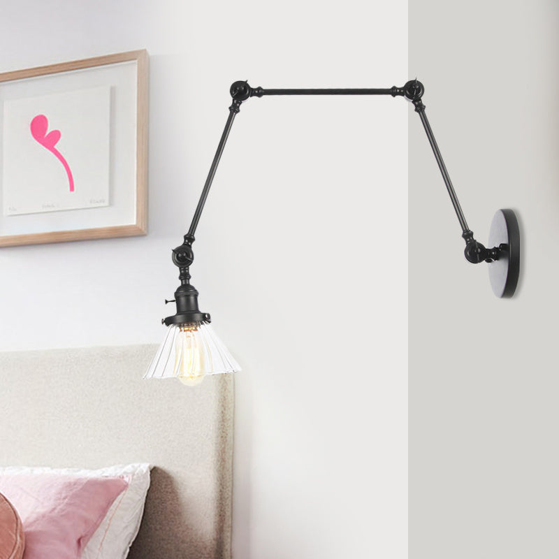 Industrial Cone Wall Mounted Light 1 Light Clear/Amber Glass Sconce in Black/Bronze/Brass with Arm, 8"+8"/8"+8"+8" Long Clearhalo 'Art deco wall lights' 'Cast Iron' 'Glass' 'Industrial wall lights' 'Industrial' 'Middle century wall lights' 'Modern' 'Rustic wall lights' 'Tiffany' 'Traditional wall lights' 'Wall Lamps & Sconces' 'Wall Lights' Lighting' 521161