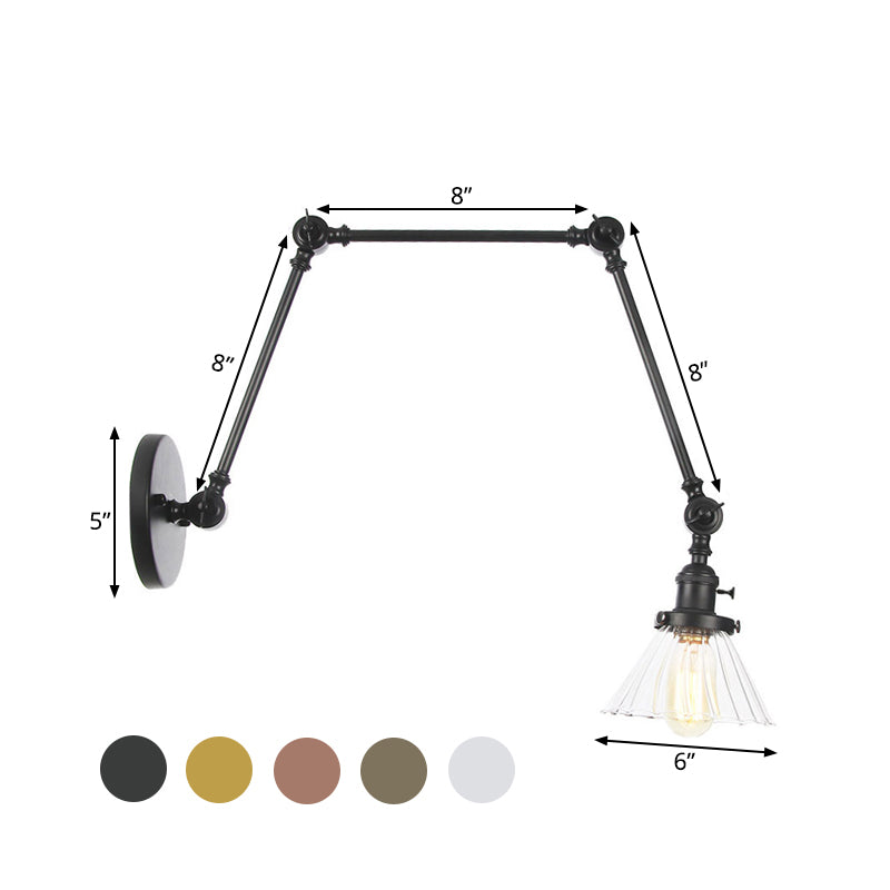 Industrial Cone Wall Mounted Light 1 Light Clear/Amber Glass Sconce in Black/Bronze/Brass with Arm, 8"+8"/8"+8"+8" Long Clearhalo 'Art deco wall lights' 'Cast Iron' 'Glass' 'Industrial wall lights' 'Industrial' 'Middle century wall lights' 'Modern' 'Rustic wall lights' 'Tiffany' 'Traditional wall lights' 'Wall Lamps & Sconces' 'Wall Lights' Lighting' 521162