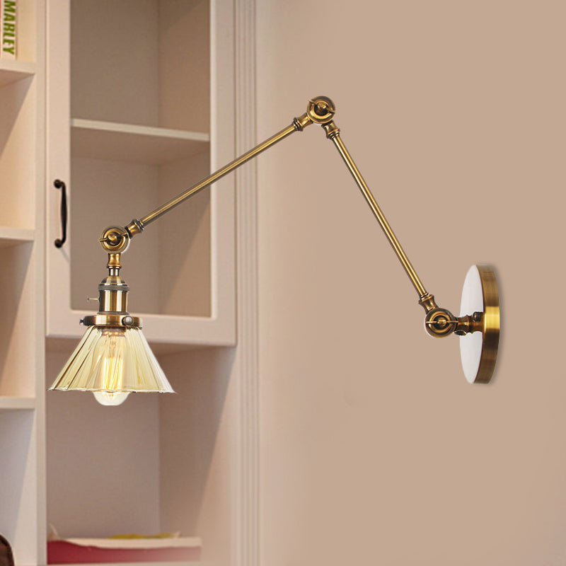 Industrial Cone Wall Mounted Light 1 Light Clear/Amber Glass Sconce in Black/Bronze/Brass with Arm, 8"+8"/8"+8"+8" Long Brass Amber 8"+8" Clearhalo 'Art deco wall lights' 'Cast Iron' 'Glass' 'Industrial wall lights' 'Industrial' 'Middle century wall lights' 'Modern' 'Rustic wall lights' 'Tiffany' 'Traditional wall lights' 'Wall Lamps & Sconces' 'Wall Lights' Lighting' 521163