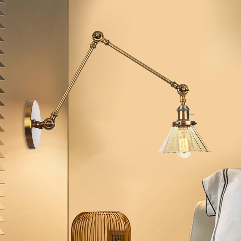 Industrial Cone Wall Mounted Light 1 Light Clear/Amber Glass Sconce in Black/Bronze/Brass with Arm, 8"+8"/8"+8"+8" Long Clearhalo 'Art deco wall lights' 'Cast Iron' 'Glass' 'Industrial wall lights' 'Industrial' 'Middle century wall lights' 'Modern' 'Rustic wall lights' 'Tiffany' 'Traditional wall lights' 'Wall Lamps & Sconces' 'Wall Lights' Lighting' 521164