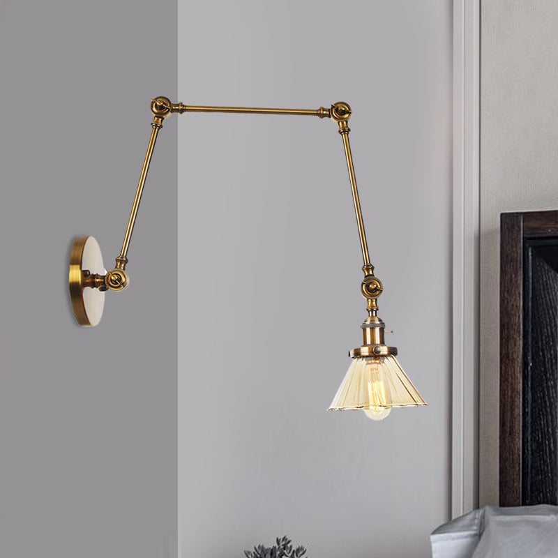 Industrial Cone Wall Mounted Light 1 Light Clear/Amber Glass Sconce in Black/Bronze/Brass with Arm, 8"+8"/8"+8"+8" Long Clearhalo 'Art deco wall lights' 'Cast Iron' 'Glass' 'Industrial wall lights' 'Industrial' 'Middle century wall lights' 'Modern' 'Rustic wall lights' 'Tiffany' 'Traditional wall lights' 'Wall Lamps & Sconces' 'Wall Lights' Lighting' 521168