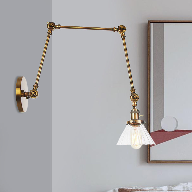 Industrial Cone Wall Mounted Light 1 Light Clear/Amber Glass Sconce in Black/Bronze/Brass with Arm, 8"+8"/8"+8"+8" Long Brass Clear 8"+8"+8" Clearhalo 'Art deco wall lights' 'Cast Iron' 'Glass' 'Industrial wall lights' 'Industrial' 'Middle century wall lights' 'Modern' 'Rustic wall lights' 'Tiffany' 'Traditional wall lights' 'Wall Lamps & Sconces' 'Wall Lights' Lighting' 521169