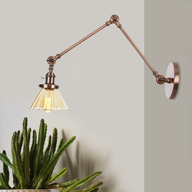 Industrial Cone Wall Mounted Light 1 Light Clear/Amber Glass Sconce in Black/Bronze/Brass with Arm, 8"+8"/8"+8"+8" Long Clearhalo 'Art deco wall lights' 'Cast Iron' 'Glass' 'Industrial wall lights' 'Industrial' 'Middle century wall lights' 'Modern' 'Rustic wall lights' 'Tiffany' 'Traditional wall lights' 'Wall Lamps & Sconces' 'Wall Lights' Lighting' 521172