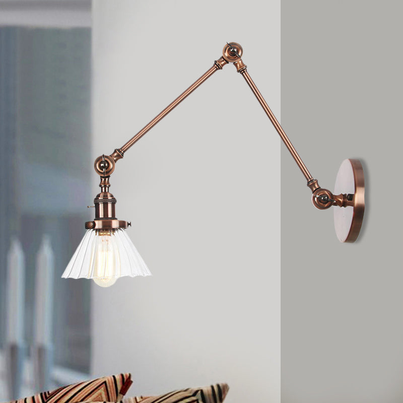 Industrial Cone Wall Mounted Light 1 Light Clear/Amber Glass Sconce in Black/Bronze/Brass with Arm, 8"+8"/8"+8"+8" Long Copper Clear 8"+8" Clearhalo 'Art deco wall lights' 'Cast Iron' 'Glass' 'Industrial wall lights' 'Industrial' 'Middle century wall lights' 'Modern' 'Rustic wall lights' 'Tiffany' 'Traditional wall lights' 'Wall Lamps & Sconces' 'Wall Lights' Lighting' 521173