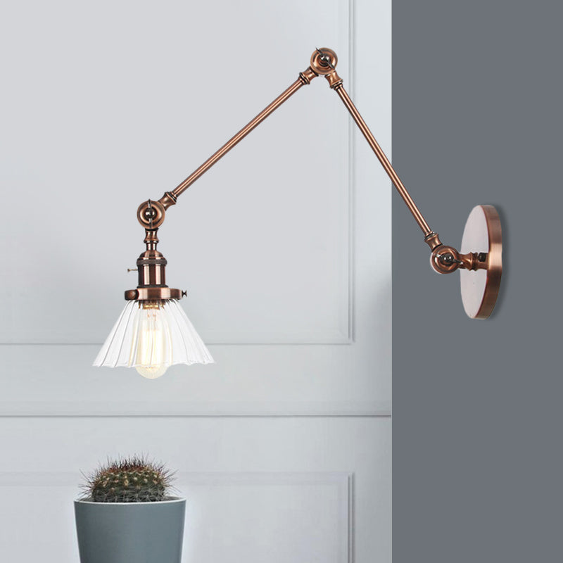 Industrial Cone Wall Mounted Light 1 Light Clear/Amber Glass Sconce in Black/Bronze/Brass with Arm, 8"+8"/8"+8"+8" Long Clearhalo 'Art deco wall lights' 'Cast Iron' 'Glass' 'Industrial wall lights' 'Industrial' 'Middle century wall lights' 'Modern' 'Rustic wall lights' 'Tiffany' 'Traditional wall lights' 'Wall Lamps & Sconces' 'Wall Lights' Lighting' 521174