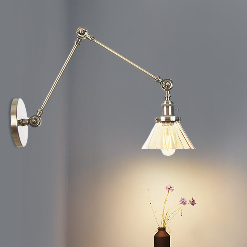 Industrial Cone Wall Mounted Light 1 Light Clear/Amber Glass Sconce in Black/Bronze/Brass with Arm, 8"+8"/8"+8"+8" Long Clearhalo 'Art deco wall lights' 'Cast Iron' 'Glass' 'Industrial wall lights' 'Industrial' 'Middle century wall lights' 'Modern' 'Rustic wall lights' 'Tiffany' 'Traditional wall lights' 'Wall Lamps & Sconces' 'Wall Lights' Lighting' 521180