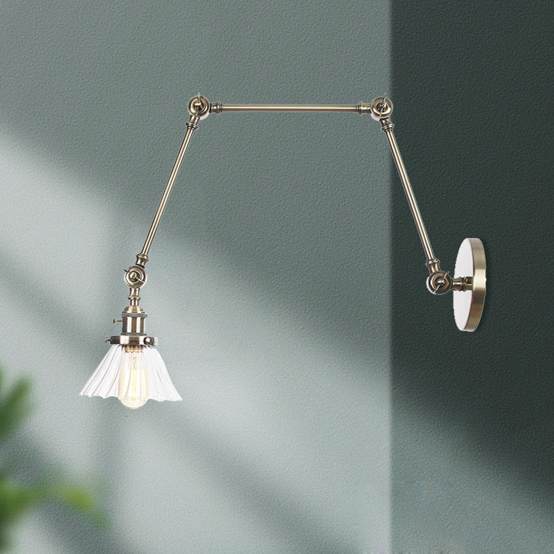 Industrial Cone Wall Mounted Light 1 Light Clear/Amber Glass Sconce in Black/Bronze/Brass with Arm, 8"+8"/8"+8"+8" Long Clearhalo 'Art deco wall lights' 'Cast Iron' 'Glass' 'Industrial wall lights' 'Industrial' 'Middle century wall lights' 'Modern' 'Rustic wall lights' 'Tiffany' 'Traditional wall lights' 'Wall Lamps & Sconces' 'Wall Lights' Lighting' 521186