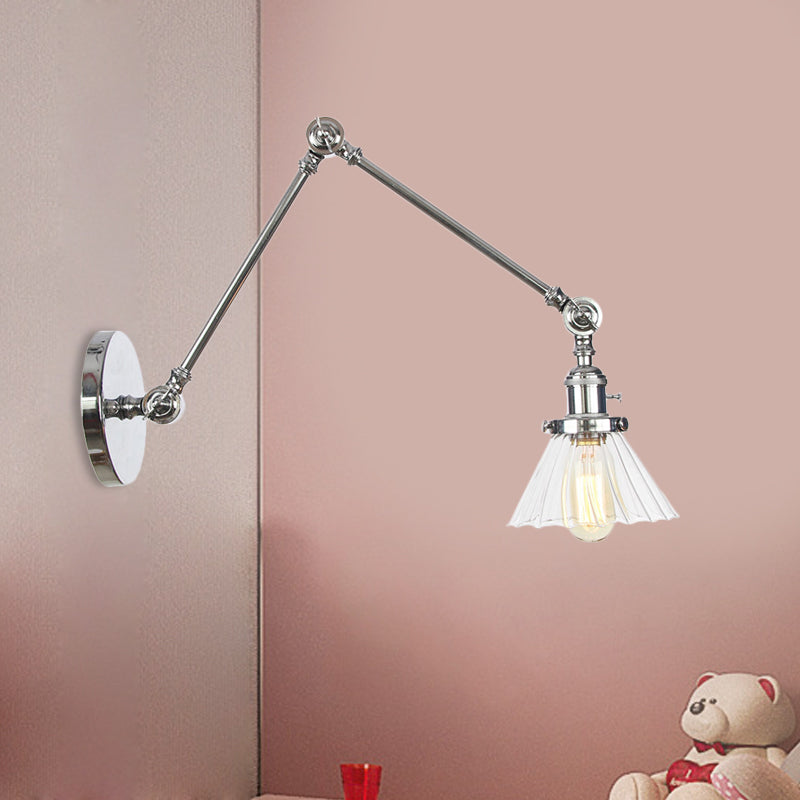 Industrial Cone Wall Mounted Light 1 Light Clear/Amber Glass Sconce in Black/Bronze/Brass with Arm, 8"+8"/8"+8"+8" Long Chrome Clear 8"+8" Clearhalo 'Art deco wall lights' 'Cast Iron' 'Glass' 'Industrial wall lights' 'Industrial' 'Middle century wall lights' 'Modern' 'Rustic wall lights' 'Tiffany' 'Traditional wall lights' 'Wall Lamps & Sconces' 'Wall Lights' Lighting' 521189