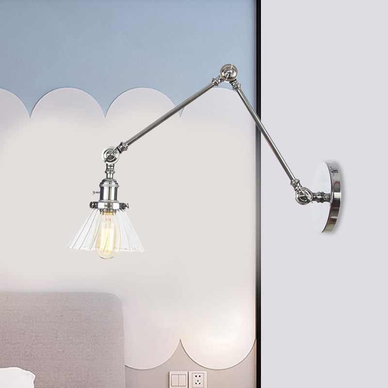 Industrial Cone Wall Mounted Light 1 Light Clear/Amber Glass Sconce in Black/Bronze/Brass with Arm, 8"+8"/8"+8"+8" Long Clearhalo 'Art deco wall lights' 'Cast Iron' 'Glass' 'Industrial wall lights' 'Industrial' 'Middle century wall lights' 'Modern' 'Rustic wall lights' 'Tiffany' 'Traditional wall lights' 'Wall Lamps & Sconces' 'Wall Lights' Lighting' 521190