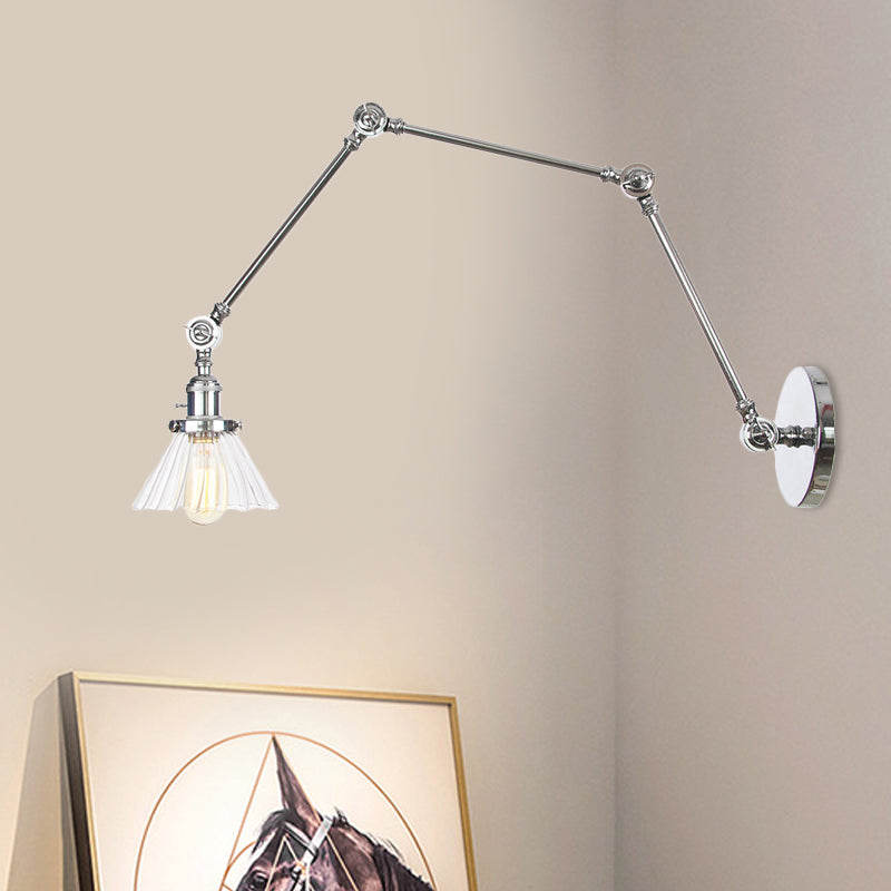 Industrial Cone Wall Mounted Light 1 Light Clear/Amber Glass Sconce in Black/Bronze/Brass with Arm, 8"+8"/8"+8"+8" Long Chrome Clear 8"+8"+8" Clearhalo 'Art deco wall lights' 'Cast Iron' 'Glass' 'Industrial wall lights' 'Industrial' 'Middle century wall lights' 'Modern' 'Rustic wall lights' 'Tiffany' 'Traditional wall lights' 'Wall Lamps & Sconces' 'Wall Lights' Lighting' 521193