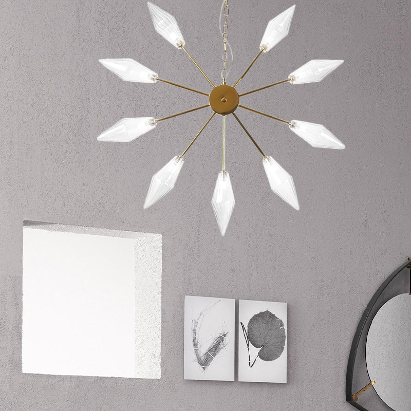 6/9/12 Lights Chandelier Lamp Industrial Sputnik Amber/Clear Glass Ceiling Light Fixture in Black/Copper/Chrome 9 Gold Clear Clearhalo 'Ceiling Lights' 'Chandeliers' 'Glass shade' 'Glass' 'Industrial Chandeliers' 'Industrial' 'Middle Century Chandeliers' 'Pendant Lights' 'Tiffany' Lighting' 521243