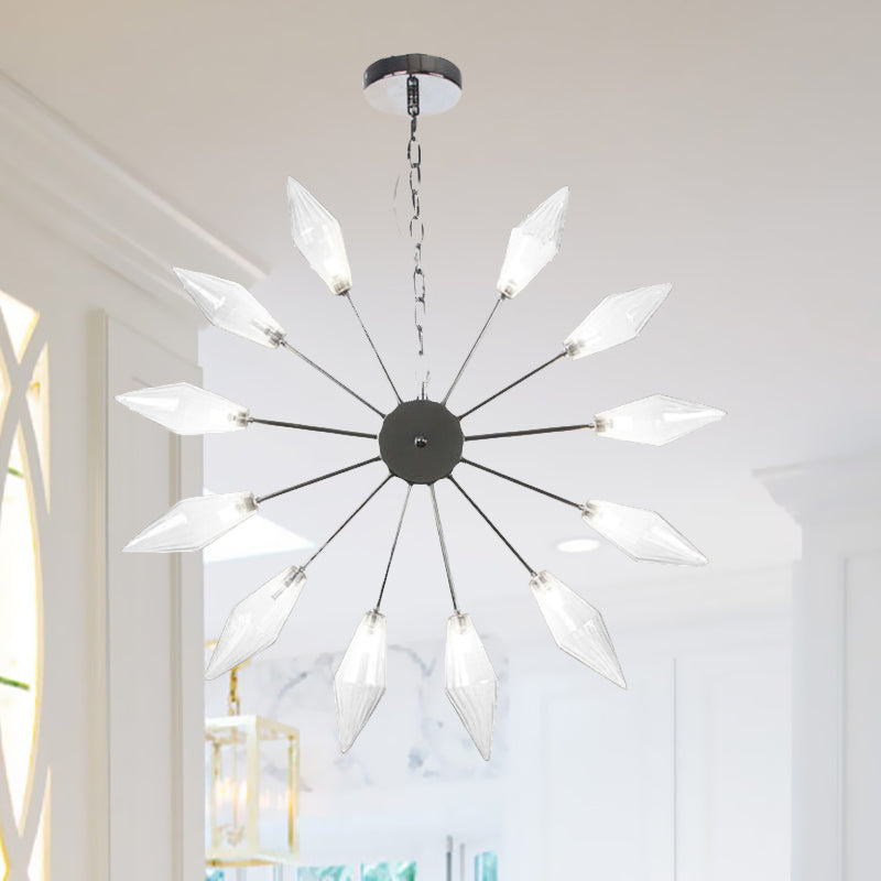 6/9/12 Lights Chandelier Lamp Industrial Sputnik Amber/Clear Glass Ceiling Light Fixture in Black/Copper/Chrome 12 Chrome Clear Clearhalo 'Ceiling Lights' 'Chandeliers' 'Glass shade' 'Glass' 'Industrial Chandeliers' 'Industrial' 'Middle Century Chandeliers' 'Pendant Lights' 'Tiffany' Lighting' 521258