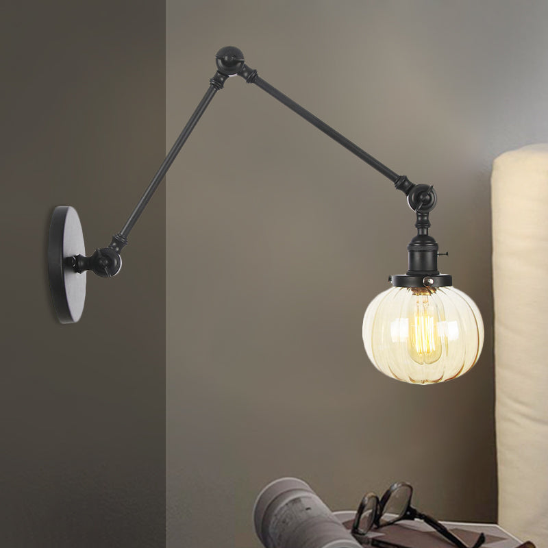 Globe Clear/Amber Glass Wall Mounted Lighting Vintage 1 Light Indoor Sconce in Brass/Chrome/Black with Adjustable Arm, 8"+8"/8"+8"+8" L Clearhalo 'Art deco wall lights' 'Cast Iron' 'Glass' 'Industrial wall lights' 'Industrial' 'Middle century wall lights' 'Modern' 'Rustic wall lights' 'Tiffany' 'Traditional wall lights' 'Wall Lamps & Sconces' 'Wall Lights' Lighting' 521315