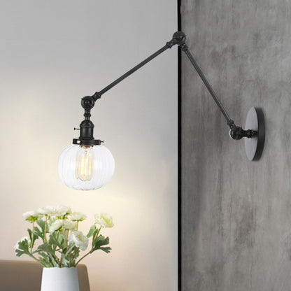 Globe Clear/Amber Glass Wall Mounted Lighting Vintage 1 Light Indoor Sconce in Brass/Chrome/Black with Adjustable Arm, 8"+8"/8"+8"+8" L Black Clear 8"+8" Clearhalo 'Art deco wall lights' 'Cast Iron' 'Glass' 'Industrial wall lights' 'Industrial' 'Middle century wall lights' 'Modern' 'Rustic wall lights' 'Tiffany' 'Traditional wall lights' 'Wall Lamps & Sconces' 'Wall Lights' Lighting' 521317