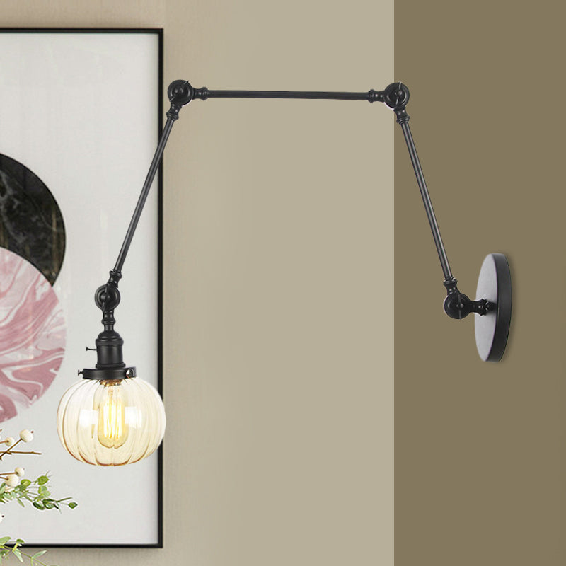 Globe Clear/Amber Glass Wall Mounted Lighting Vintage 1 Light Indoor Sconce in Brass/Chrome/Black with Adjustable Arm, 8"+8"/8"+8"+8" L Black Amber 8"+8"+8" Clearhalo 'Art deco wall lights' 'Cast Iron' 'Glass' 'Industrial wall lights' 'Industrial' 'Middle century wall lights' 'Modern' 'Rustic wall lights' 'Tiffany' 'Traditional wall lights' 'Wall Lamps & Sconces' 'Wall Lights' Lighting' 521320