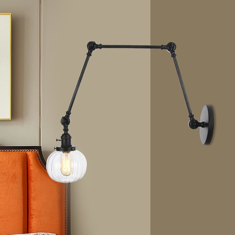 Globe Clear/Amber Glass Wall Mounted Lighting Vintage 1 Light Indoor Sconce in Brass/Chrome/Black with Adjustable Arm, 8"+8"/8"+8"+8" L Black Clear 8"+8"+8" Clearhalo 'Art deco wall lights' 'Cast Iron' 'Glass' 'Industrial wall lights' 'Industrial' 'Middle century wall lights' 'Modern' 'Rustic wall lights' 'Tiffany' 'Traditional wall lights' 'Wall Lamps & Sconces' 'Wall Lights' Lighting' 521323