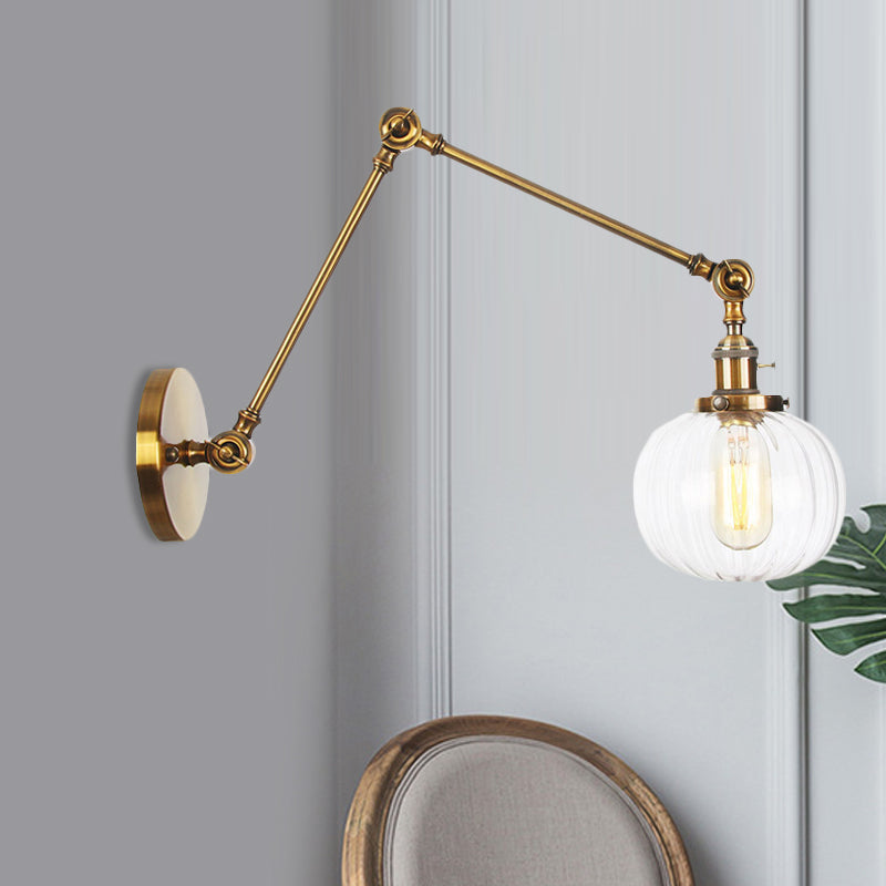 Globe Clear/Amber Glass Wall Mounted Lighting Vintage 1 Light Indoor Sconce in Brass/Chrome/Black with Adjustable Arm, 8"+8"/8"+8"+8" L Clearhalo 'Art deco wall lights' 'Cast Iron' 'Glass' 'Industrial wall lights' 'Industrial' 'Middle century wall lights' 'Modern' 'Rustic wall lights' 'Tiffany' 'Traditional wall lights' 'Wall Lamps & Sconces' 'Wall Lights' Lighting' 521329