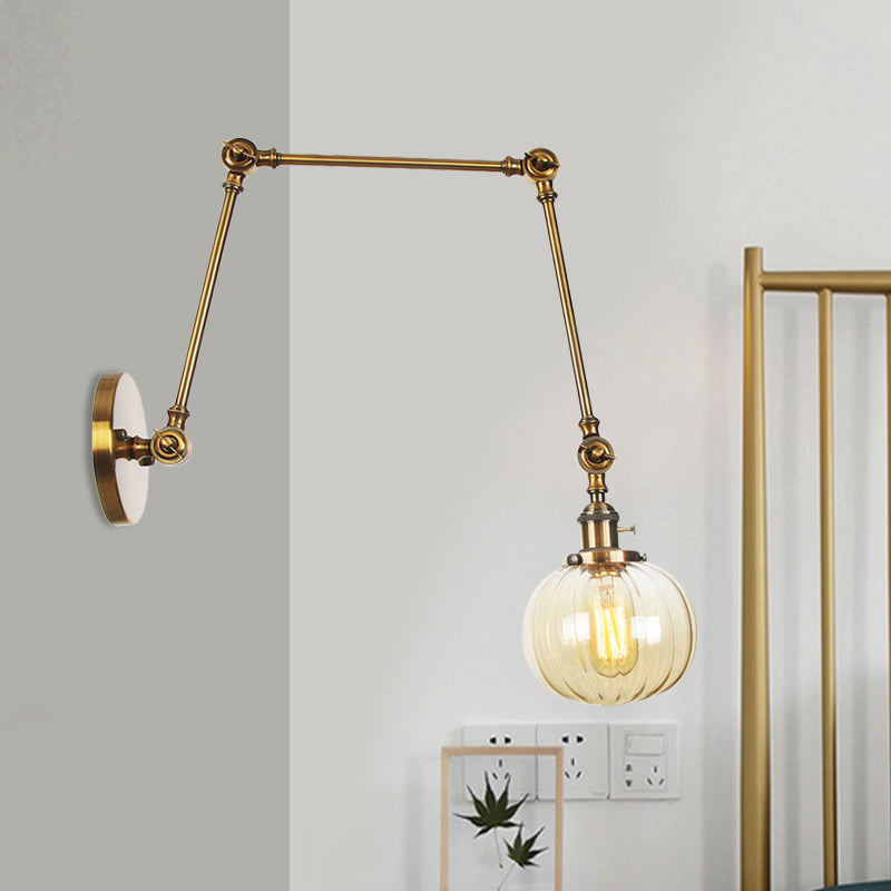 Globe Clear/Amber Glass Wall Mounted Lighting Vintage 1 Light Indoor Sconce in Brass/Chrome/Black with Adjustable Arm, 8"+8"/8"+8"+8" L Brass Amber 8"+8"+8" Clearhalo 'Art deco wall lights' 'Cast Iron' 'Glass' 'Industrial wall lights' 'Industrial' 'Middle century wall lights' 'Modern' 'Rustic wall lights' 'Tiffany' 'Traditional wall lights' 'Wall Lamps & Sconces' 'Wall Lights' Lighting' 521330