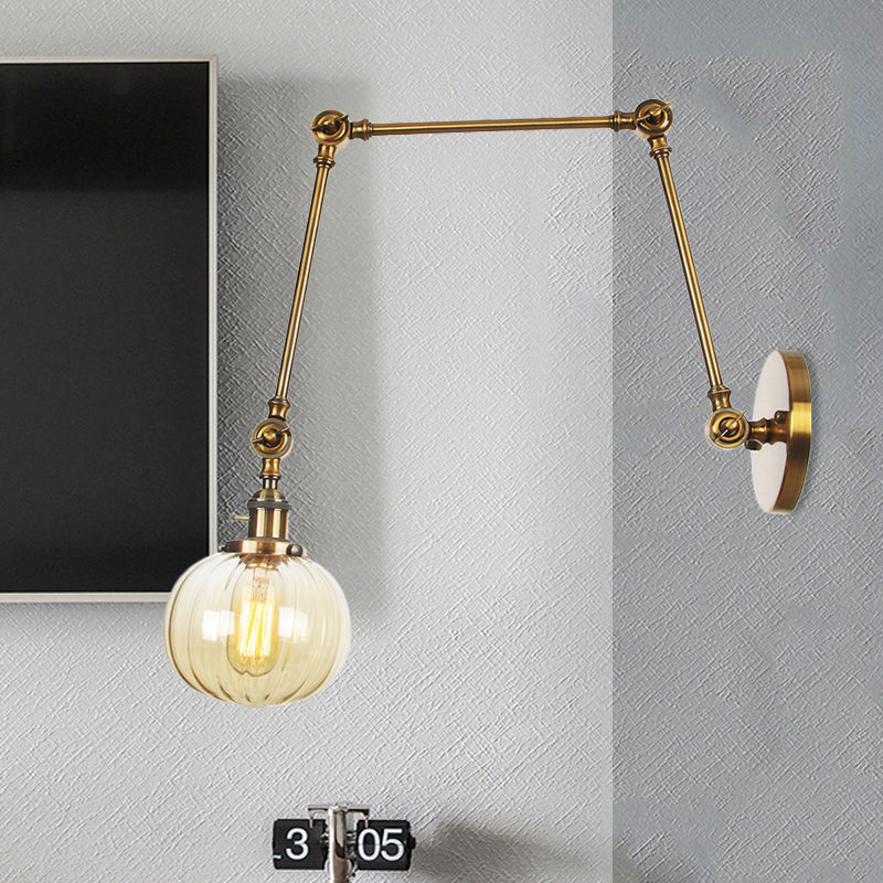 Globe Clear/Amber Glass Wall Mounted Lighting Vintage 1 Light Indoor Sconce in Brass/Chrome/Black with Adjustable Arm, 8"+8"/8"+8"+8" L Clearhalo 'Art deco wall lights' 'Cast Iron' 'Glass' 'Industrial wall lights' 'Industrial' 'Middle century wall lights' 'Modern' 'Rustic wall lights' 'Tiffany' 'Traditional wall lights' 'Wall Lamps & Sconces' 'Wall Lights' Lighting' 521331