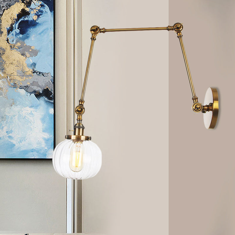 Globe Clear/Amber Glass Wall Mounted Lighting Vintage 1 Light Indoor Sconce in Brass/Chrome/Black with Adjustable Arm, 8"+8"/8"+8"+8" L Brass Clear 8"+8"+8" Clearhalo 'Art deco wall lights' 'Cast Iron' 'Glass' 'Industrial wall lights' 'Industrial' 'Middle century wall lights' 'Modern' 'Rustic wall lights' 'Tiffany' 'Traditional wall lights' 'Wall Lamps & Sconces' 'Wall Lights' Lighting' 521332