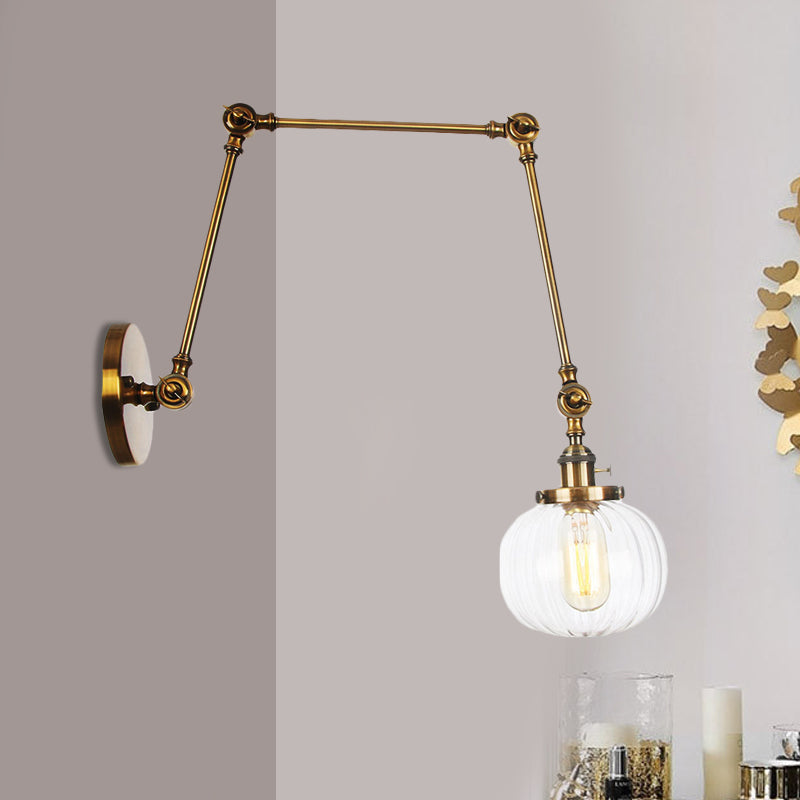Globe Clear/Amber Glass Wall Mounted Lighting Vintage 1 Light Indoor Sconce in Brass/Chrome/Black with Adjustable Arm, 8"+8"/8"+8"+8" L Clearhalo 'Art deco wall lights' 'Cast Iron' 'Glass' 'Industrial wall lights' 'Industrial' 'Middle century wall lights' 'Modern' 'Rustic wall lights' 'Tiffany' 'Traditional wall lights' 'Wall Lamps & Sconces' 'Wall Lights' Lighting' 521333