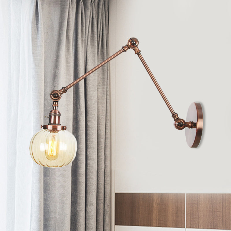 Globe Clear/Amber Glass Wall Mounted Lighting Vintage 1 Light Indoor Sconce in Brass/Chrome/Black with Adjustable Arm, 8"+8"/8"+8"+8" L Copper Amber 8"+8" Clearhalo 'Art deco wall lights' 'Cast Iron' 'Glass' 'Industrial wall lights' 'Industrial' 'Middle century wall lights' 'Modern' 'Rustic wall lights' 'Tiffany' 'Traditional wall lights' 'Wall Lamps & Sconces' 'Wall Lights' Lighting' 521334