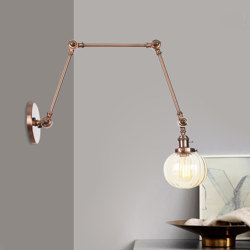 Globe Clear/Amber Glass Wall Mounted Lighting Vintage 1 Light Indoor Sconce in Brass/Chrome/Black with Adjustable Arm, 8"+8"/8"+8"+8" L Copper Amber 8"+8"+8" Clearhalo 'Art deco wall lights' 'Cast Iron' 'Glass' 'Industrial wall lights' 'Industrial' 'Middle century wall lights' 'Modern' 'Rustic wall lights' 'Tiffany' 'Traditional wall lights' 'Wall Lamps & Sconces' 'Wall Lights' Lighting' 521338