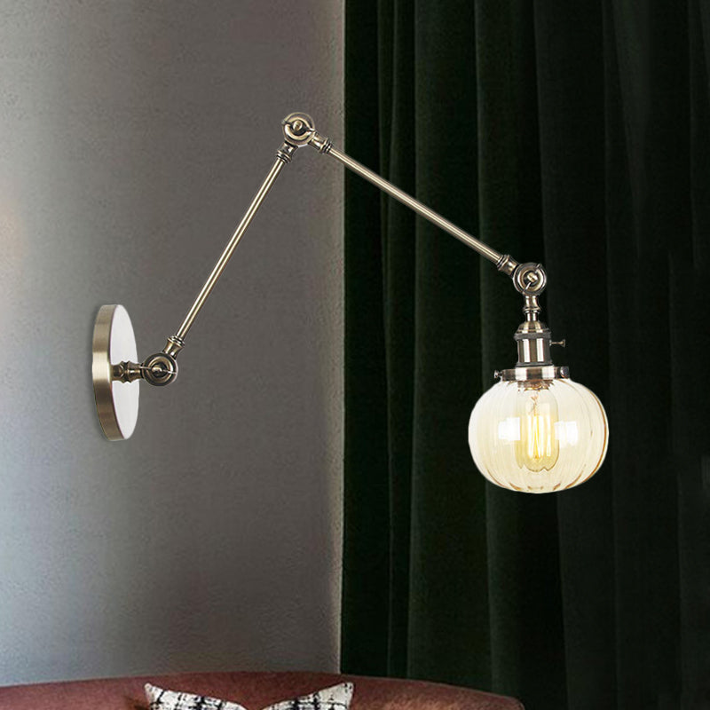 Globe Clear/Amber Glass Wall Mounted Lighting Vintage 1 Light Indoor Sconce in Brass/Chrome/Black with Adjustable Arm, 8"+8"/8"+8"+8" L Bronze Amber 8"+8" Clearhalo 'Art deco wall lights' 'Cast Iron' 'Glass' 'Industrial wall lights' 'Industrial' 'Middle century wall lights' 'Modern' 'Rustic wall lights' 'Tiffany' 'Traditional wall lights' 'Wall Lamps & Sconces' 'Wall Lights' Lighting' 521342