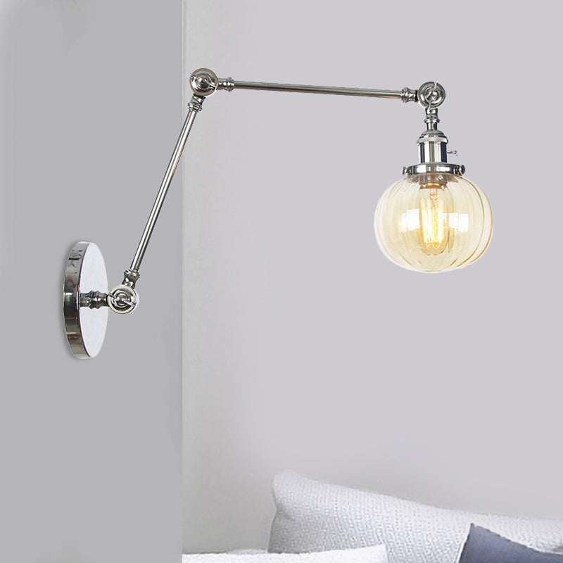 Globe Clear/Amber Glass Wall Mounted Lighting Vintage 1 Light Indoor Sconce in Brass/Chrome/Black with Adjustable Arm, 8"+8"/8"+8"+8" L Chrome Amber 8"+8" Clearhalo 'Art deco wall lights' 'Cast Iron' 'Glass' 'Industrial wall lights' 'Industrial' 'Middle century wall lights' 'Modern' 'Rustic wall lights' 'Tiffany' 'Traditional wall lights' 'Wall Lamps & Sconces' 'Wall Lights' Lighting' 521350