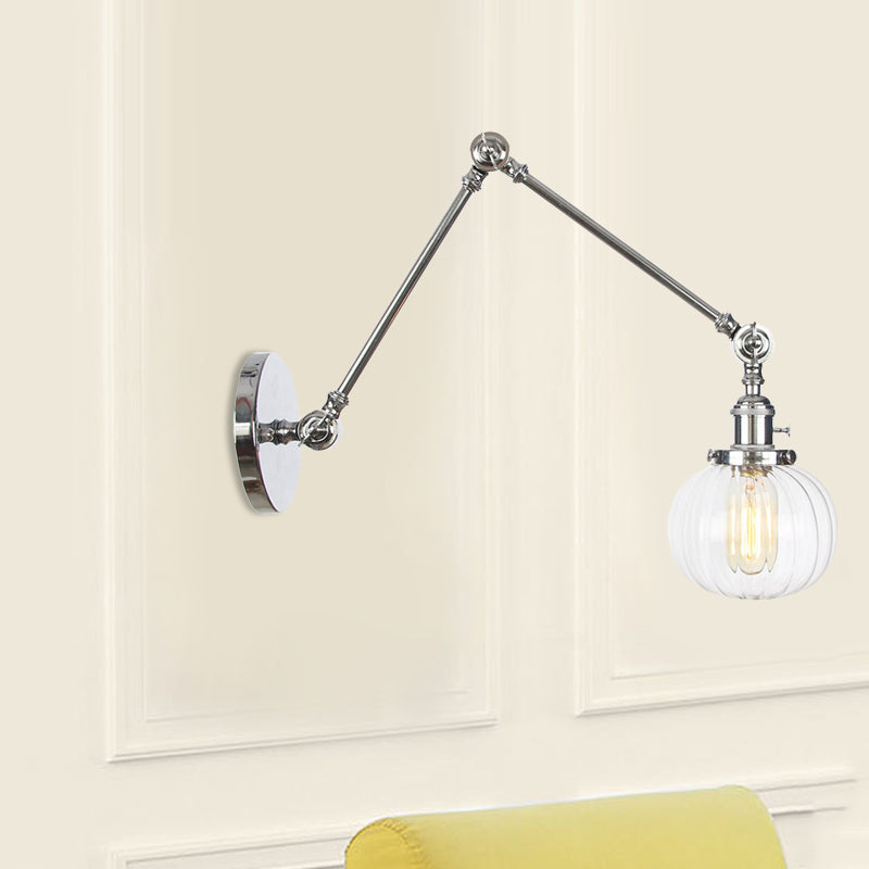 Globe Clear/Amber Glass Wall Mounted Lighting Vintage 1 Light Indoor Sconce in Brass/Chrome/Black with Adjustable Arm, 8"+8"/8"+8"+8" L Chrome Clear 8"+8" Clearhalo 'Art deco wall lights' 'Cast Iron' 'Glass' 'Industrial wall lights' 'Industrial' 'Middle century wall lights' 'Modern' 'Rustic wall lights' 'Tiffany' 'Traditional wall lights' 'Wall Lamps & Sconces' 'Wall Lights' Lighting' 521351