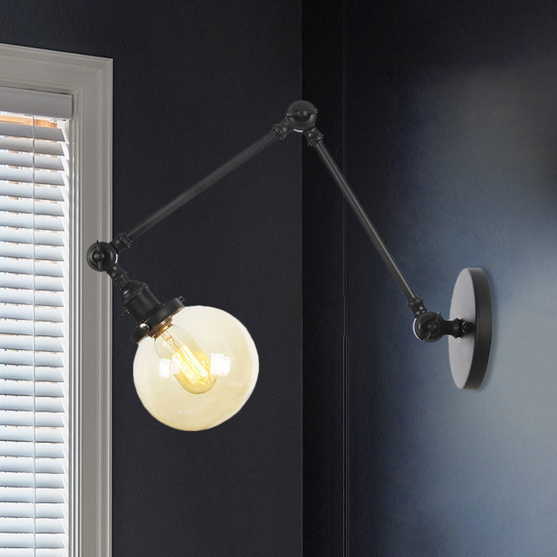 1 Light Clear/Amber Glass Wall Mount Light Vintage Chrome/Copper/Bronze Orb Living Room Sconce Lamp with Adjustable Arm, 8"+8"/8"+8"+8" L Black Amber 8"+8" Clearhalo 'Art deco wall lights' 'Cast Iron' 'Glass' 'Industrial wall lights' 'Industrial' 'Middle century wall lights' 'Modern' 'Rustic wall lights' 'Tiffany' 'Traditional wall lights' 'Wall Lamps & Sconces' 'Wall Lights' Lighting' 521442