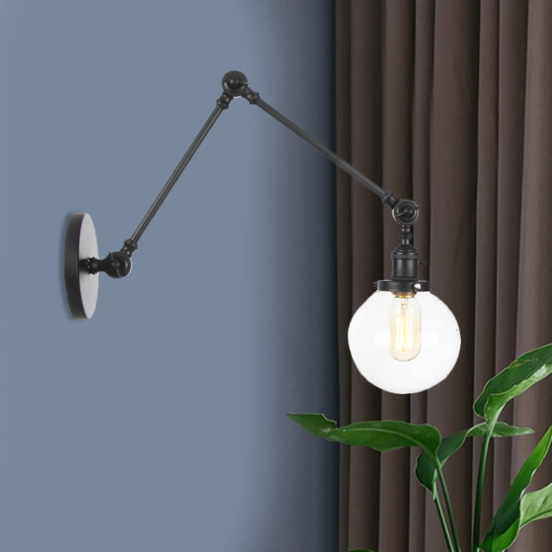 1 Light Clear/Amber Glass Wall Mount Light Vintage Chrome/Copper/Bronze Orb Living Room Sconce Lamp with Adjustable Arm, 8"+8"/8"+8"+8" L Black Clear 8"+8" Clearhalo 'Art deco wall lights' 'Cast Iron' 'Glass' 'Industrial wall lights' 'Industrial' 'Middle century wall lights' 'Modern' 'Rustic wall lights' 'Tiffany' 'Traditional wall lights' 'Wall Lamps & Sconces' 'Wall Lights' Lighting' 521445