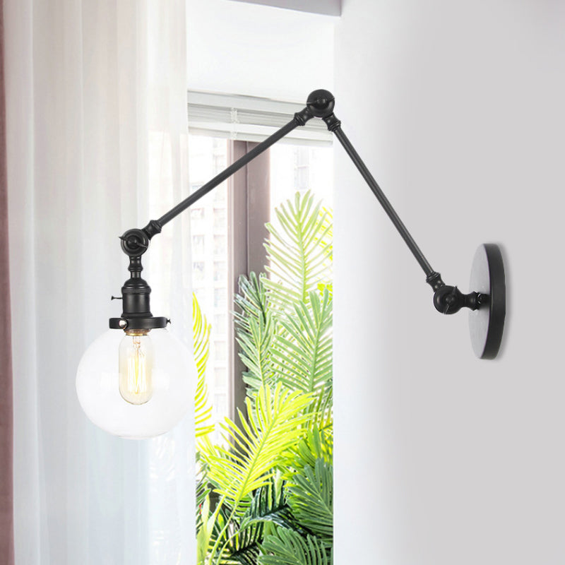 1 Light Clear/Amber Glass Wall Mount Light Vintage Chrome/Copper/Bronze Orb Living Room Sconce Lamp with Adjustable Arm, 8"+8"/8"+8"+8" L Clearhalo 'Art deco wall lights' 'Cast Iron' 'Glass' 'Industrial wall lights' 'Industrial' 'Middle century wall lights' 'Modern' 'Rustic wall lights' 'Tiffany' 'Traditional wall lights' 'Wall Lamps & Sconces' 'Wall Lights' Lighting' 521446