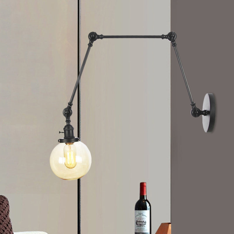 1 Light Clear/Amber Glass Wall Mount Light Vintage Chrome/Copper/Bronze Orb Living Room Sconce Lamp with Adjustable Arm, 8"+8"/8"+8"+8" L Black Amber 8"+8"+8" Clearhalo 'Art deco wall lights' 'Cast Iron' 'Glass' 'Industrial wall lights' 'Industrial' 'Middle century wall lights' 'Modern' 'Rustic wall lights' 'Tiffany' 'Traditional wall lights' 'Wall Lamps & Sconces' 'Wall Lights' Lighting' 521448