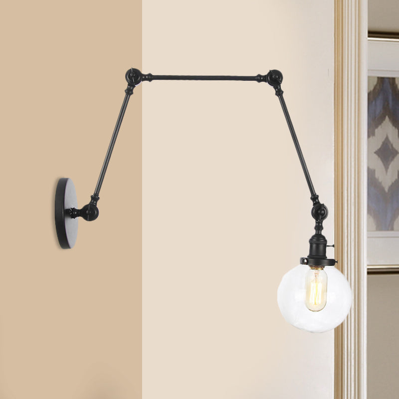 1 Light Clear/Amber Glass Wall Mount Light Vintage Chrome/Copper/Bronze Orb Living Room Sconce Lamp with Adjustable Arm, 8"+8"/8"+8"+8" L Black Clear 8"+8"+8" Clearhalo 'Art deco wall lights' 'Cast Iron' 'Glass' 'Industrial wall lights' 'Industrial' 'Middle century wall lights' 'Modern' 'Rustic wall lights' 'Tiffany' 'Traditional wall lights' 'Wall Lamps & Sconces' 'Wall Lights' Lighting' 521451