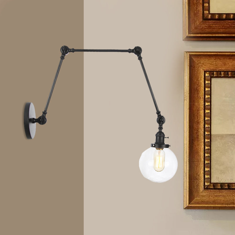 1 Light Clear/Amber Glass Wall Mount Light Vintage Chrome/Copper/Bronze Orb Living Room Sconce Lamp with Adjustable Arm, 8"+8"/8"+8"+8" L Clearhalo 'Art deco wall lights' 'Cast Iron' 'Glass' 'Industrial wall lights' 'Industrial' 'Middle century wall lights' 'Modern' 'Rustic wall lights' 'Tiffany' 'Traditional wall lights' 'Wall Lamps & Sconces' 'Wall Lights' Lighting' 521452