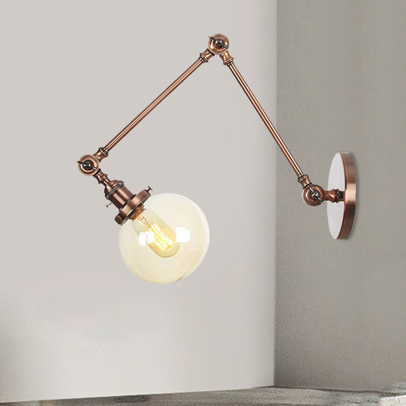 1 Light Clear/Amber Glass Wall Mount Light Vintage Chrome/Copper/Bronze Orb Living Room Sconce Lamp with Adjustable Arm, 8"+8"/8"+8"+8" L Copper Amber 8"+8" Clearhalo 'Art deco wall lights' 'Cast Iron' 'Glass' 'Industrial wall lights' 'Industrial' 'Middle century wall lights' 'Modern' 'Rustic wall lights' 'Tiffany' 'Traditional wall lights' 'Wall Lamps & Sconces' 'Wall Lights' Lighting' 521454