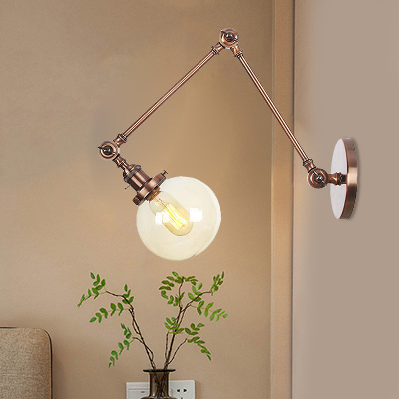 1 Light Clear/Amber Glass Wall Mount Light Vintage Chrome/Copper/Bronze Orb Living Room Sconce Lamp with Adjustable Arm, 8"+8"/8"+8"+8" L Clearhalo 'Art deco wall lights' 'Cast Iron' 'Glass' 'Industrial wall lights' 'Industrial' 'Middle century wall lights' 'Modern' 'Rustic wall lights' 'Tiffany' 'Traditional wall lights' 'Wall Lamps & Sconces' 'Wall Lights' Lighting' 521455
