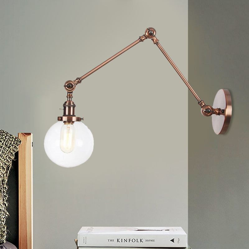1 Light Clear/Amber Glass Wall Mount Light Vintage Chrome/Copper/Bronze Orb Living Room Sconce Lamp with Adjustable Arm, 8"+8"/8"+8"+8" L Copper Clear 8"+8" Clearhalo 'Art deco wall lights' 'Cast Iron' 'Glass' 'Industrial wall lights' 'Industrial' 'Middle century wall lights' 'Modern' 'Rustic wall lights' 'Tiffany' 'Traditional wall lights' 'Wall Lamps & Sconces' 'Wall Lights' Lighting' 521456