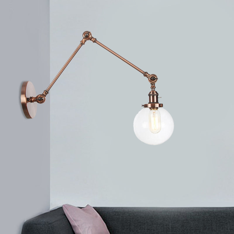 1 Light Clear/Amber Glass Wall Mount Light Vintage Chrome/Copper/Bronze Orb Living Room Sconce Lamp with Adjustable Arm, 8"+8"/8"+8"+8" L Clearhalo 'Art deco wall lights' 'Cast Iron' 'Glass' 'Industrial wall lights' 'Industrial' 'Middle century wall lights' 'Modern' 'Rustic wall lights' 'Tiffany' 'Traditional wall lights' 'Wall Lamps & Sconces' 'Wall Lights' Lighting' 521457