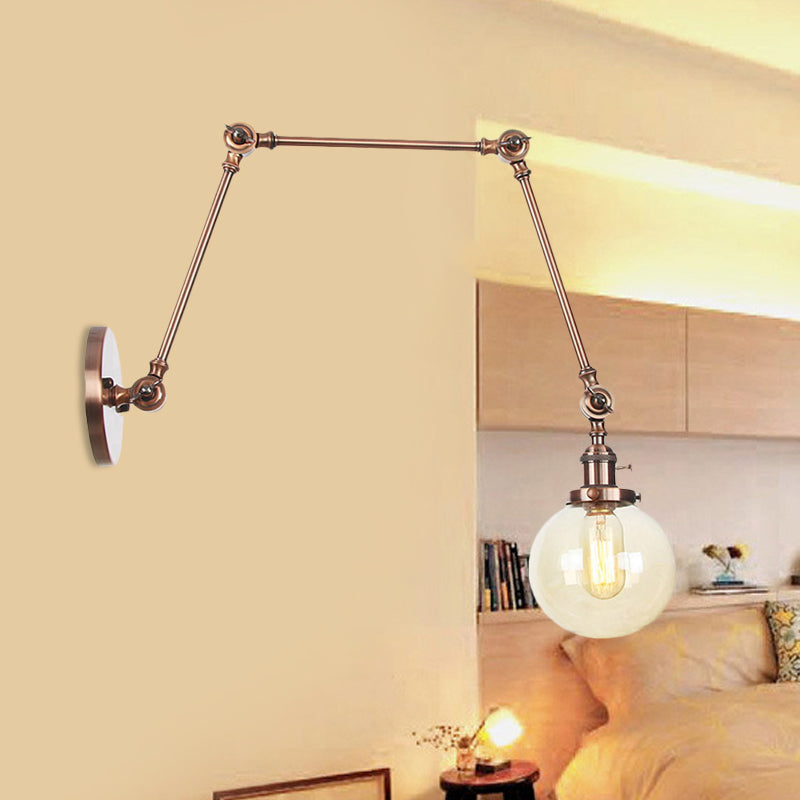 1 Light Clear/Amber Glass Wall Mount Light Vintage Chrome/Copper/Bronze Orb Living Room Sconce Lamp with Adjustable Arm, 8"+8"/8"+8"+8" L Copper Amber 8"+8"+8" Clearhalo 'Art deco wall lights' 'Cast Iron' 'Glass' 'Industrial wall lights' 'Industrial' 'Middle century wall lights' 'Modern' 'Rustic wall lights' 'Tiffany' 'Traditional wall lights' 'Wall Lamps & Sconces' 'Wall Lights' Lighting' 521458