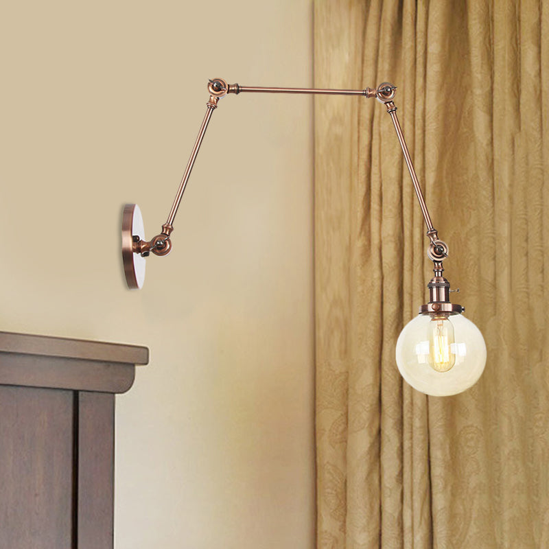 1 Light Clear/Amber Glass Wall Mount Light Vintage Chrome/Copper/Bronze Orb Living Room Sconce Lamp with Adjustable Arm, 8"+8"/8"+8"+8" L Clearhalo 'Art deco wall lights' 'Cast Iron' 'Glass' 'Industrial wall lights' 'Industrial' 'Middle century wall lights' 'Modern' 'Rustic wall lights' 'Tiffany' 'Traditional wall lights' 'Wall Lamps & Sconces' 'Wall Lights' Lighting' 521459