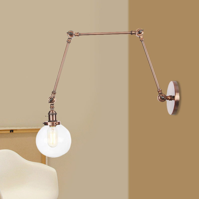 1 Light Clear/Amber Glass Wall Mount Light Vintage Chrome/Copper/Bronze Orb Living Room Sconce Lamp with Adjustable Arm, 8"+8"/8"+8"+8" L Copper Clear 8"+8"+8" Clearhalo 'Art deco wall lights' 'Cast Iron' 'Glass' 'Industrial wall lights' 'Industrial' 'Middle century wall lights' 'Modern' 'Rustic wall lights' 'Tiffany' 'Traditional wall lights' 'Wall Lamps & Sconces' 'Wall Lights' Lighting' 521460