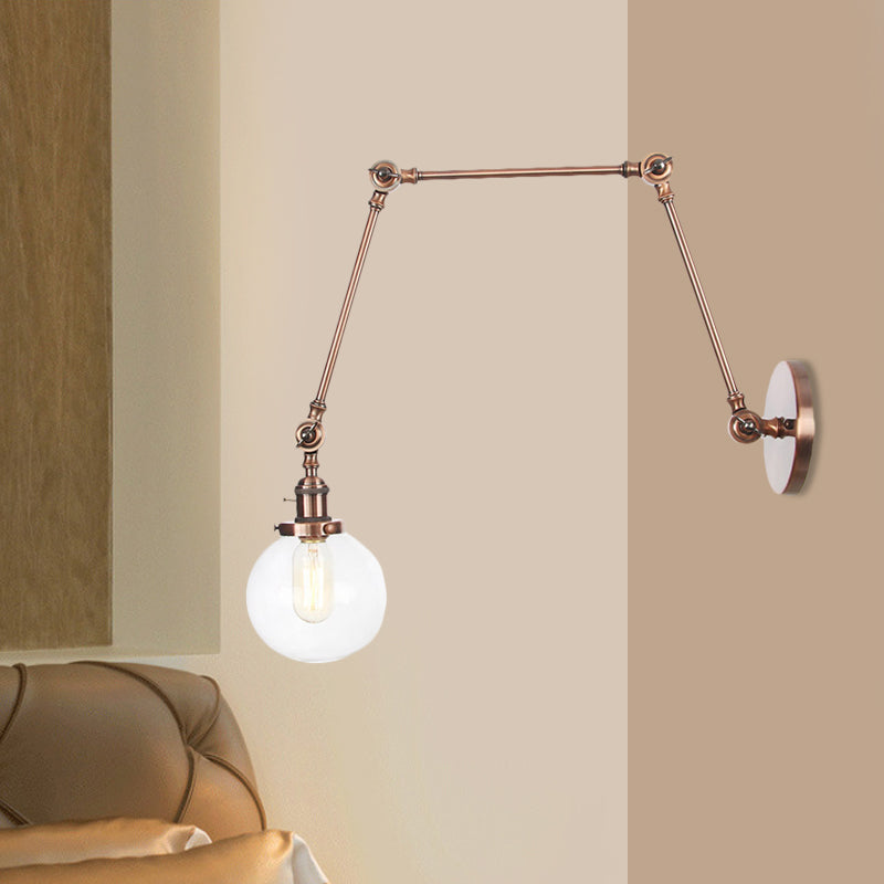 1 Light Clear/Amber Glass Wall Mount Light Vintage Chrome/Copper/Bronze Orb Living Room Sconce Lamp with Adjustable Arm, 8"+8"/8"+8"+8" L Clearhalo 'Art deco wall lights' 'Cast Iron' 'Glass' 'Industrial wall lights' 'Industrial' 'Middle century wall lights' 'Modern' 'Rustic wall lights' 'Tiffany' 'Traditional wall lights' 'Wall Lamps & Sconces' 'Wall Lights' Lighting' 521461