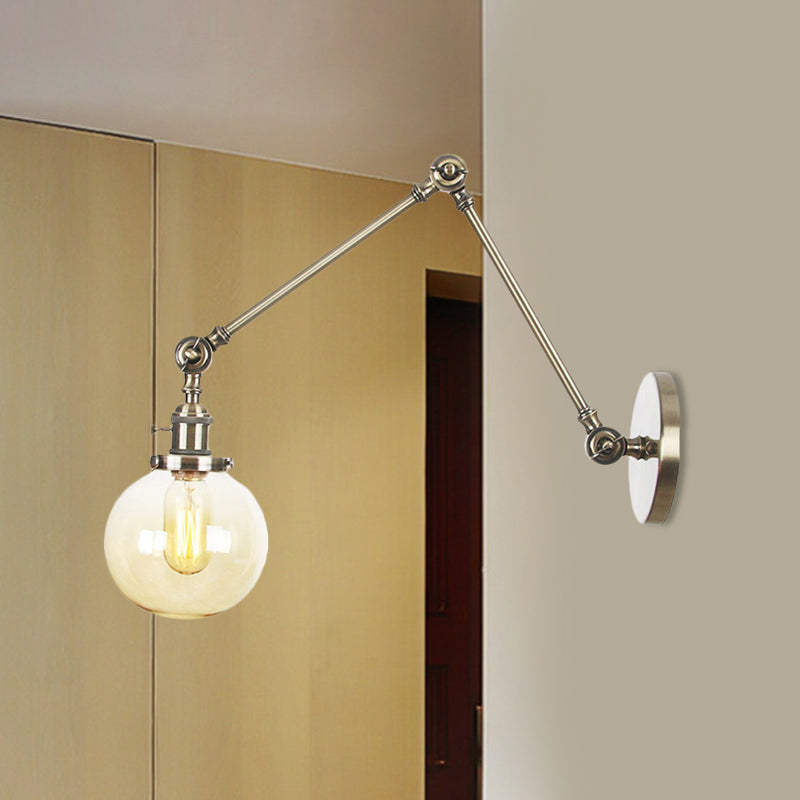 1 Light Clear/Amber Glass Wall Mount Light Vintage Chrome/Copper/Bronze Orb Living Room Sconce Lamp with Adjustable Arm, 8"+8"/8"+8"+8" L Bronze Amber 8"+8" Clearhalo 'Art deco wall lights' 'Cast Iron' 'Glass' 'Industrial wall lights' 'Industrial' 'Middle century wall lights' 'Modern' 'Rustic wall lights' 'Tiffany' 'Traditional wall lights' 'Wall Lamps & Sconces' 'Wall Lights' Lighting' 521462