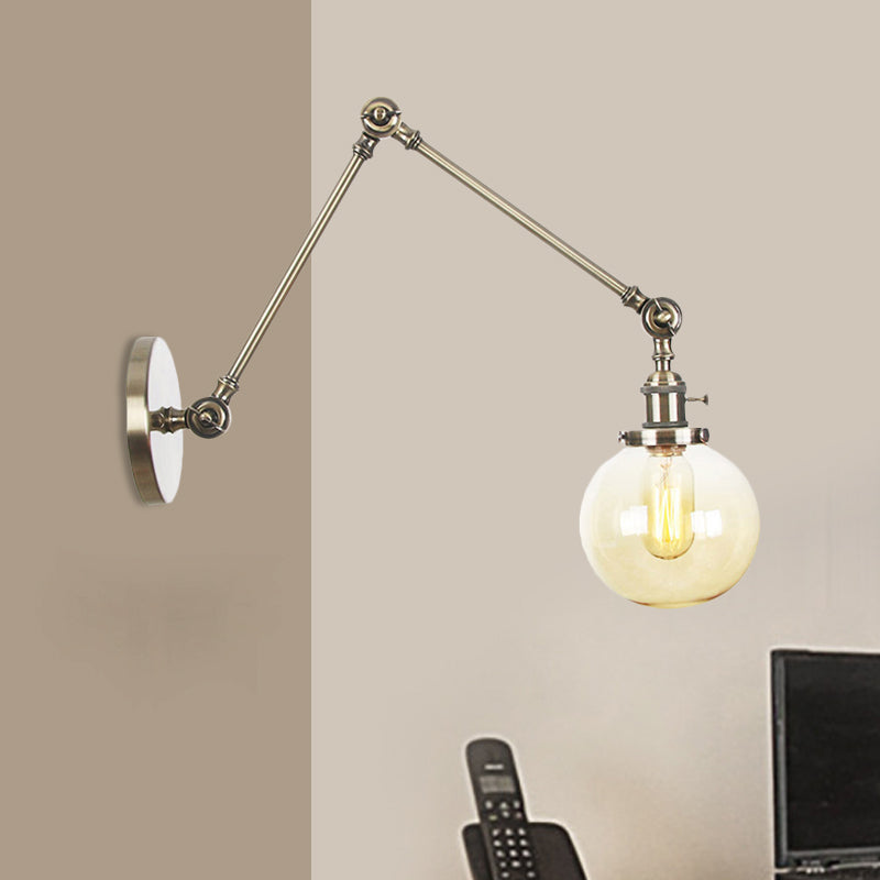 1 Light Clear/Amber Glass Wall Mount Light Vintage Chrome/Copper/Bronze Orb Living Room Sconce Lamp with Adjustable Arm, 8"+8"/8"+8"+8" L Clearhalo 'Art deco wall lights' 'Cast Iron' 'Glass' 'Industrial wall lights' 'Industrial' 'Middle century wall lights' 'Modern' 'Rustic wall lights' 'Tiffany' 'Traditional wall lights' 'Wall Lamps & Sconces' 'Wall Lights' Lighting' 521463