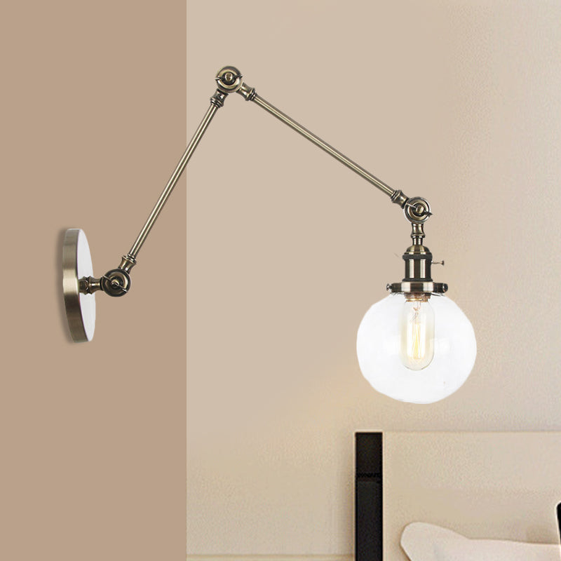 1 Light Clear/Amber Glass Wall Mount Light Vintage Chrome/Copper/Bronze Orb Living Room Sconce Lamp with Adjustable Arm, 8"+8"/8"+8"+8" L Bronze Clear 8"+8" Clearhalo 'Art deco wall lights' 'Cast Iron' 'Glass' 'Industrial wall lights' 'Industrial' 'Middle century wall lights' 'Modern' 'Rustic wall lights' 'Tiffany' 'Traditional wall lights' 'Wall Lamps & Sconces' 'Wall Lights' Lighting' 521464
