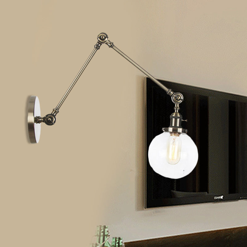 1 Light Clear/Amber Glass Wall Mount Light Vintage Chrome/Copper/Bronze Orb Living Room Sconce Lamp with Adjustable Arm, 8"+8"/8"+8"+8" L Clearhalo 'Art deco wall lights' 'Cast Iron' 'Glass' 'Industrial wall lights' 'Industrial' 'Middle century wall lights' 'Modern' 'Rustic wall lights' 'Tiffany' 'Traditional wall lights' 'Wall Lamps & Sconces' 'Wall Lights' Lighting' 521465