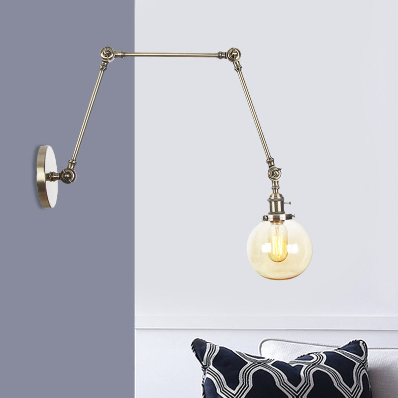 1 Light Clear/Amber Glass Wall Mount Light Vintage Chrome/Copper/Bronze Orb Living Room Sconce Lamp with Adjustable Arm, 8"+8"/8"+8"+8" L Bronze Amber 8"+8"+8" Clearhalo 'Art deco wall lights' 'Cast Iron' 'Glass' 'Industrial wall lights' 'Industrial' 'Middle century wall lights' 'Modern' 'Rustic wall lights' 'Tiffany' 'Traditional wall lights' 'Wall Lamps & Sconces' 'Wall Lights' Lighting' 521466