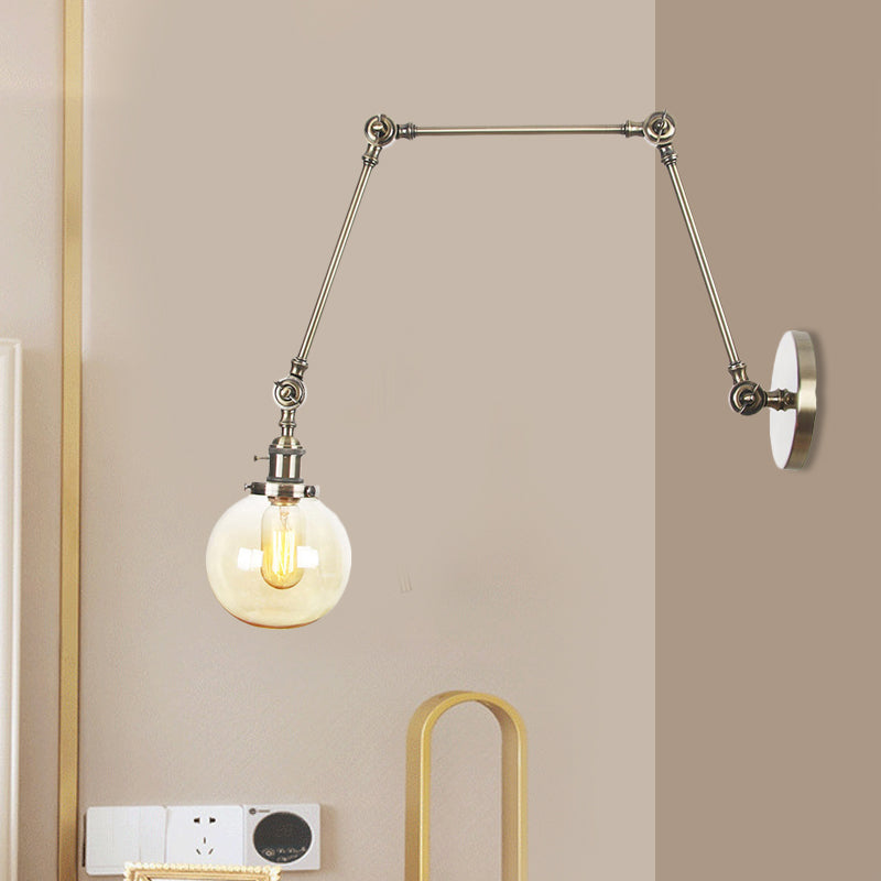 1 Light Clear/Amber Glass Wall Mount Light Vintage Chrome/Copper/Bronze Orb Living Room Sconce Lamp with Adjustable Arm, 8"+8"/8"+8"+8" L Clearhalo 'Art deco wall lights' 'Cast Iron' 'Glass' 'Industrial wall lights' 'Industrial' 'Middle century wall lights' 'Modern' 'Rustic wall lights' 'Tiffany' 'Traditional wall lights' 'Wall Lamps & Sconces' 'Wall Lights' Lighting' 521467
